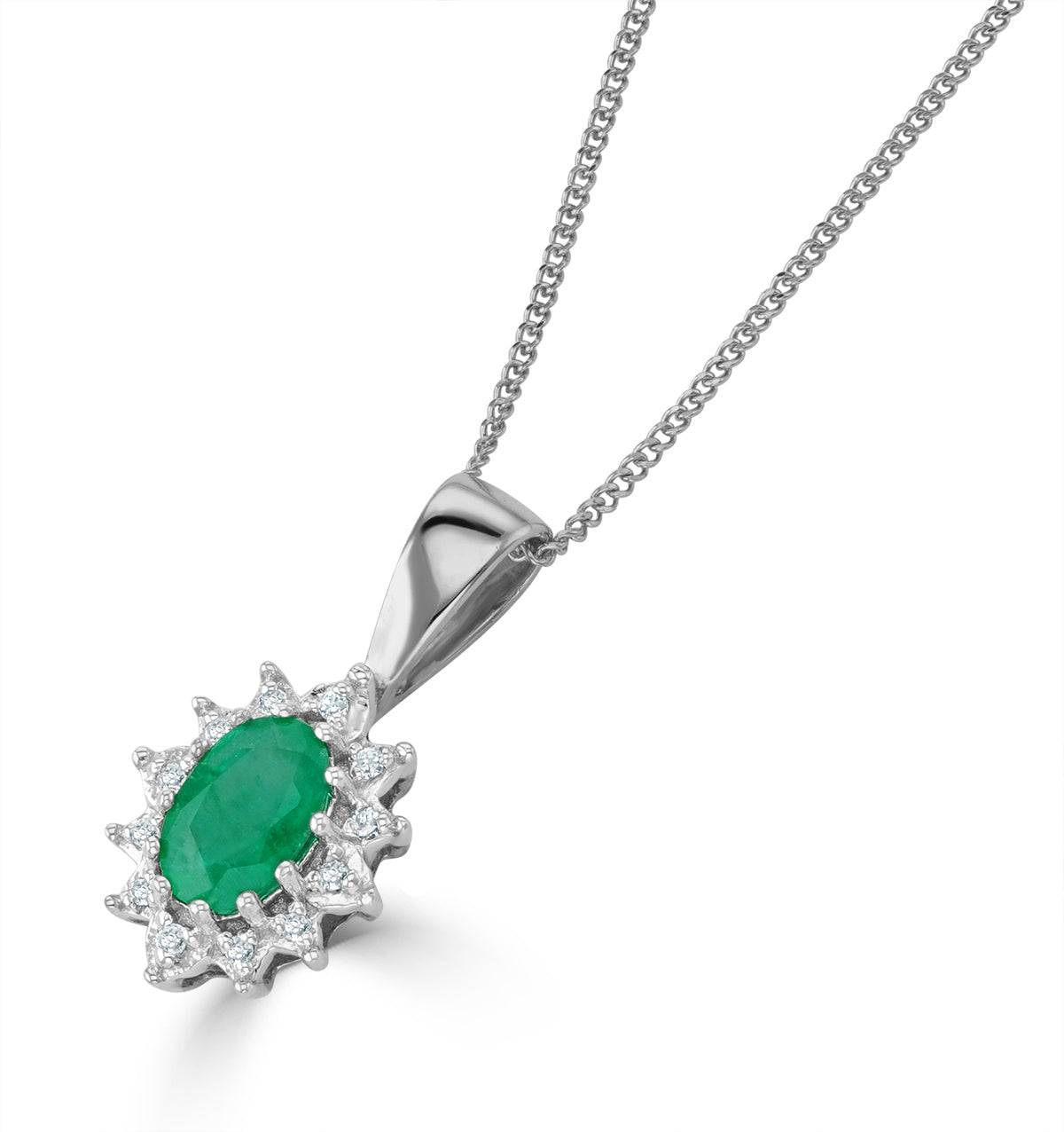Emerald and Diamond Cluster Pendant Necklace 0.52ct in 9K White Gold